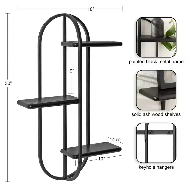 Estantería de pared flotante arqueada de 3 niveles – Metal negro y madera, 45.7x14x76.2 cm
