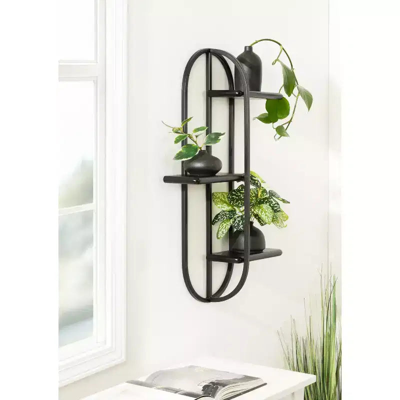 Estantería de pared flotante arqueada de 3 niveles – Metal negro y madera, 45.7x14x76.2 cm