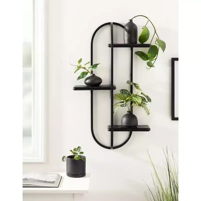 Estantería de pared flotante arqueada de 3 niveles – Metal negro y madera, 45.7x14x76.2 cm