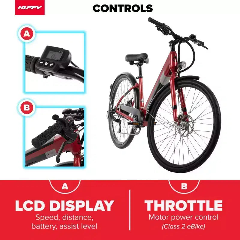 Bicicleta eléctrica Huffy Lyndon Step-Through - Ruedas de 27.5" - 20 MPH - 36V - Roja