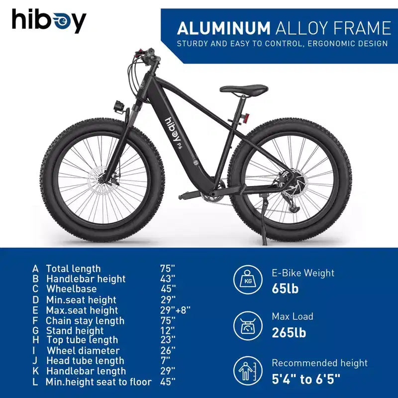 Bicicleta de montaña eléctrica Hiboy Adult P6 de 26" con barra alta - Negro