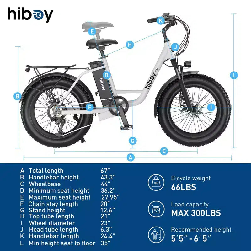 Bicicleta eléctrica tipo crucero Hiboy Adult EX6 de 20" con cuadro bajo - Blanca