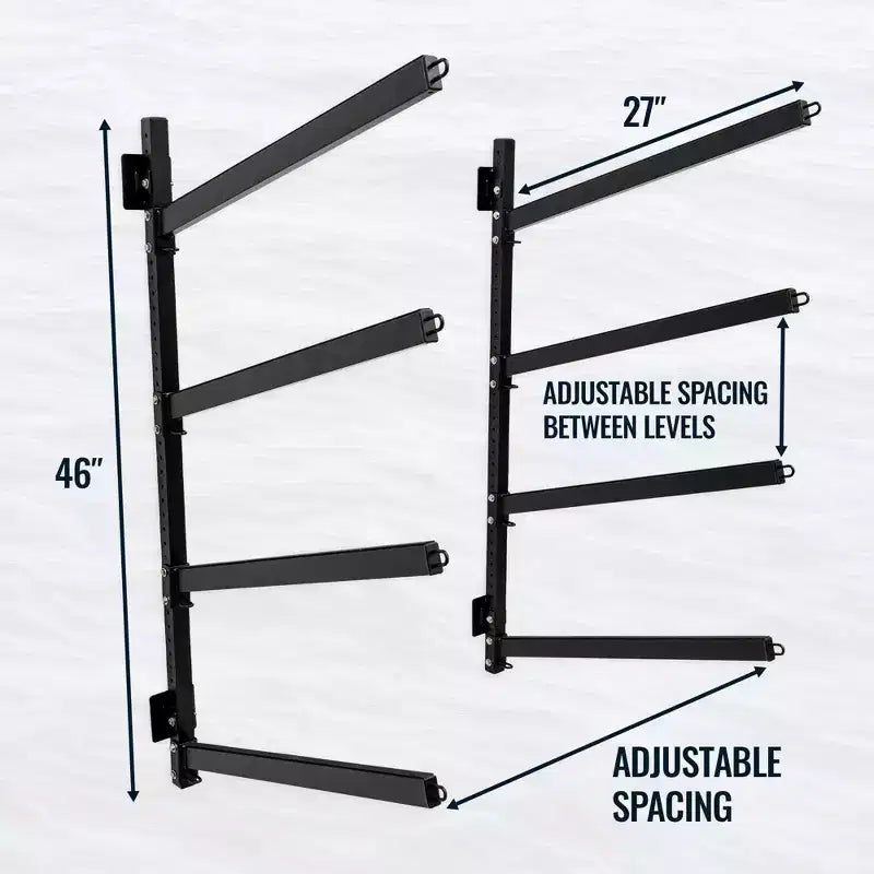 Soporte de pared para kayak de exterior – 4 niveles, brazos ajustables, acero resistente a la intemperie