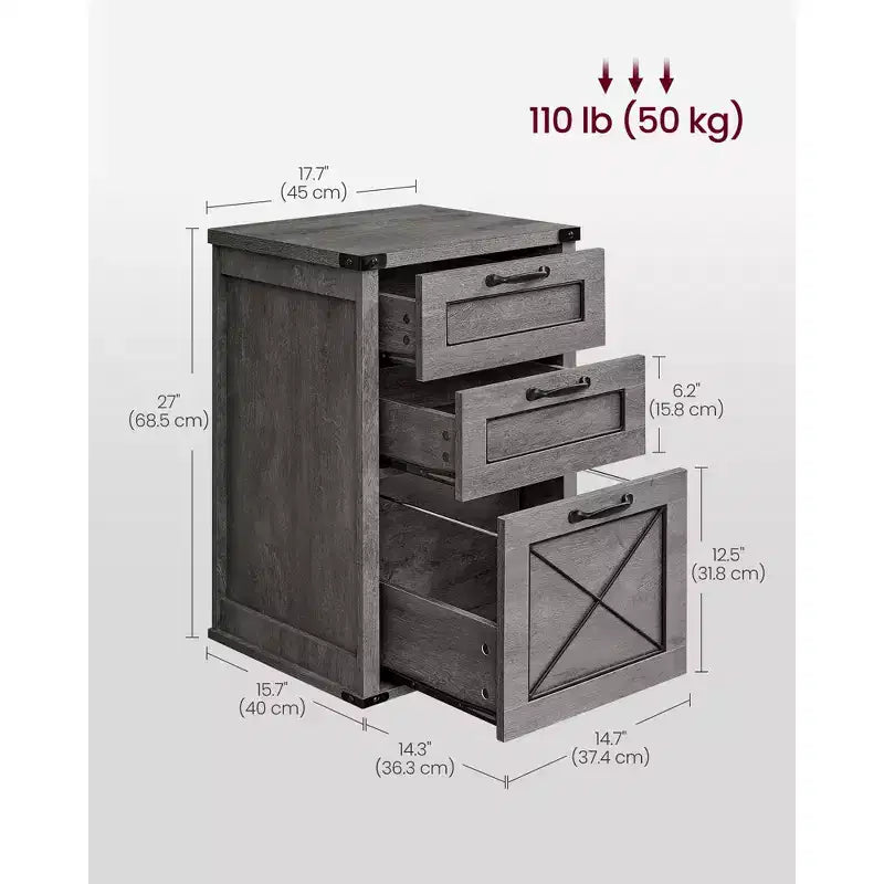 Archivador con 3 cajones, Mueble de archivo, Soporte para impresora, Compatible con A4, tamaño carta, carpetas colgantes, Estilo rústico moderno, para oficina en casa
