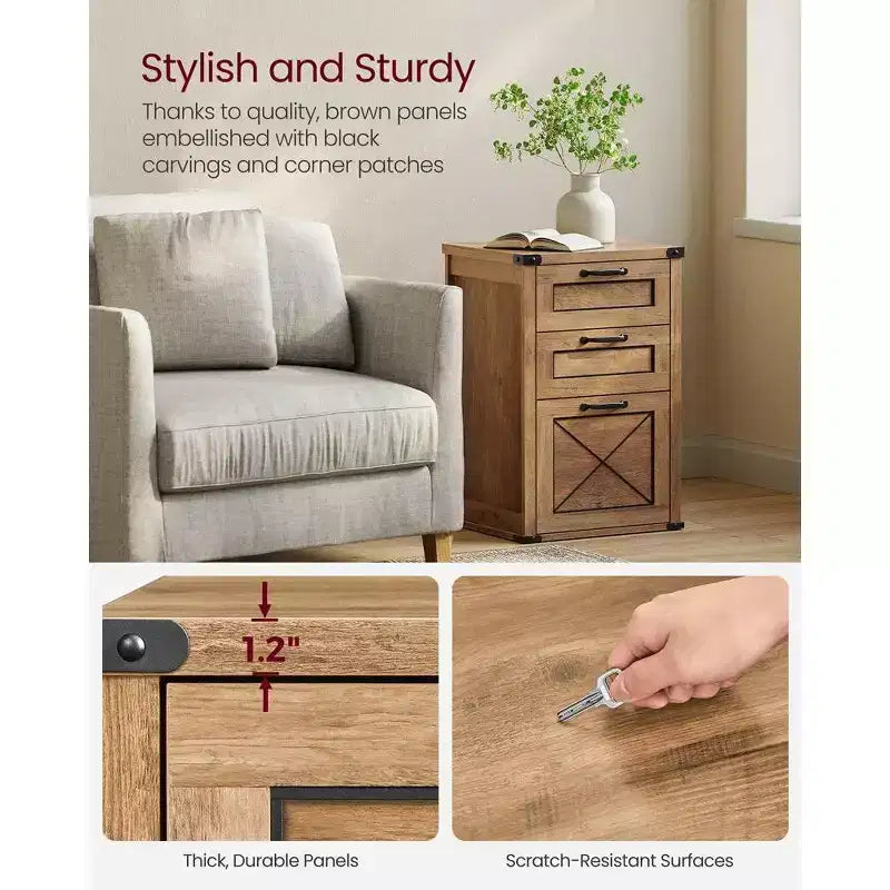 Archivador con 3 cajones, Mueble de archivo, Soporte para impresora, Compatible con A4, tamaño carta, carpetas colgantes, Estilo rústico moderno, para oficina en casa