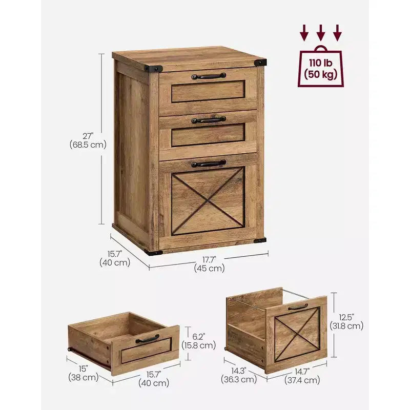 Archivador con 3 cajones, Mueble de archivo, Soporte para impresora, Compatible con A4, tamaño carta, carpetas colgantes, Estilo rústico moderno, para oficina en casa
