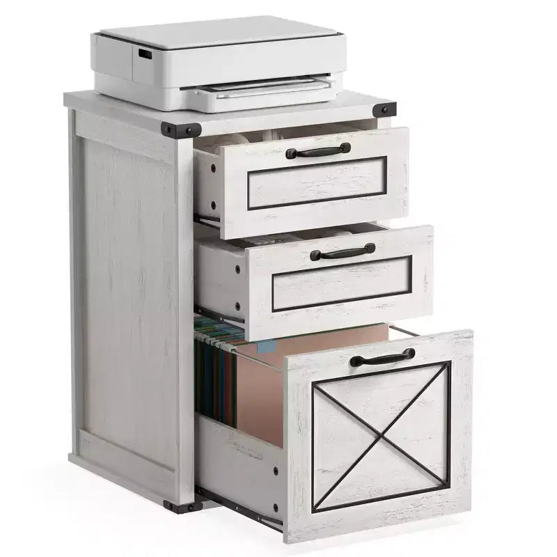 Archivador con 3 cajones, Mueble de archivo, Soporte para impresora, Compatible con A4, tamaño carta, carpetas colgantes, Estilo rústico moderno, para oficina en casa