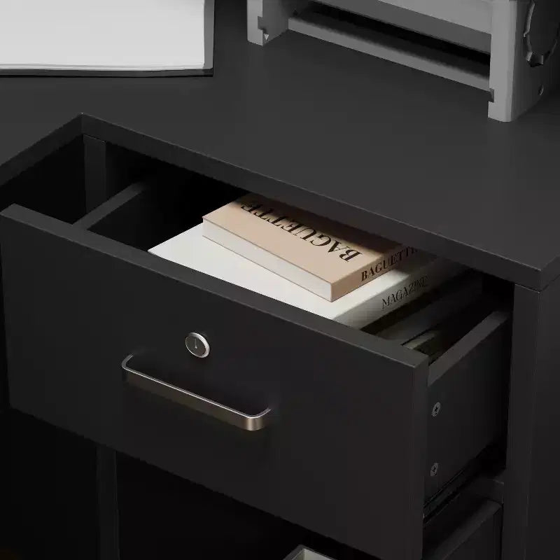 Mostrador de recepción moderno en forma de L con estantes extraíbles, almacenamiento con cerradura y gestión de cables