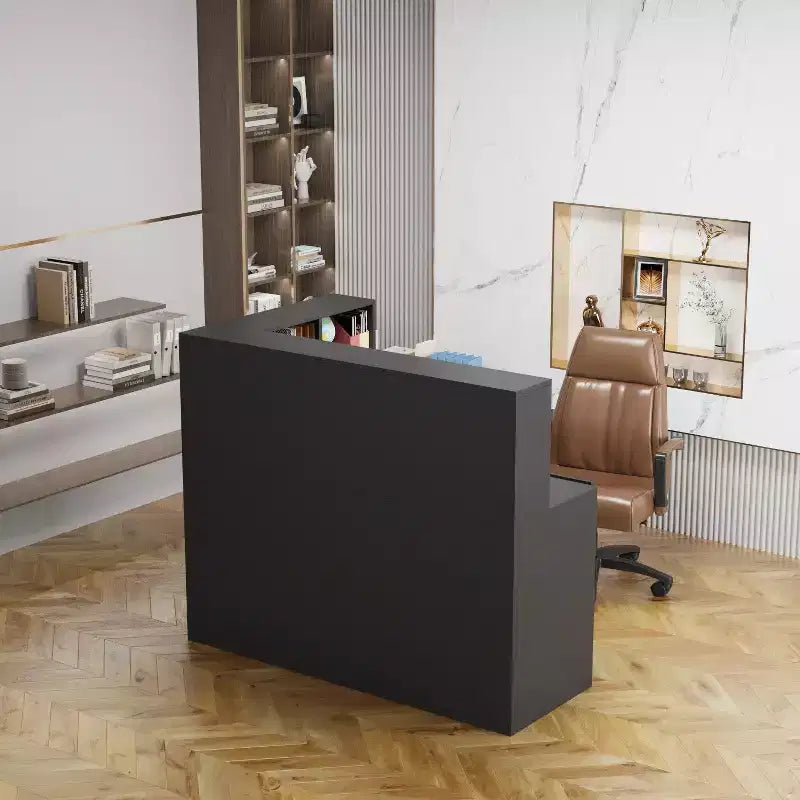 Mostrador de recepción moderno en forma de L con estantes extraíbles, almacenamiento con cerradura y gestión de cables