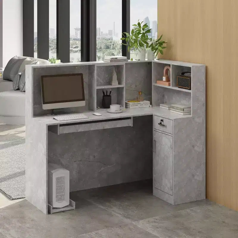 Mostrador de recepción moderno en forma de L con estantes extraíbles, almacenamiento con cerradura y gestión de cables