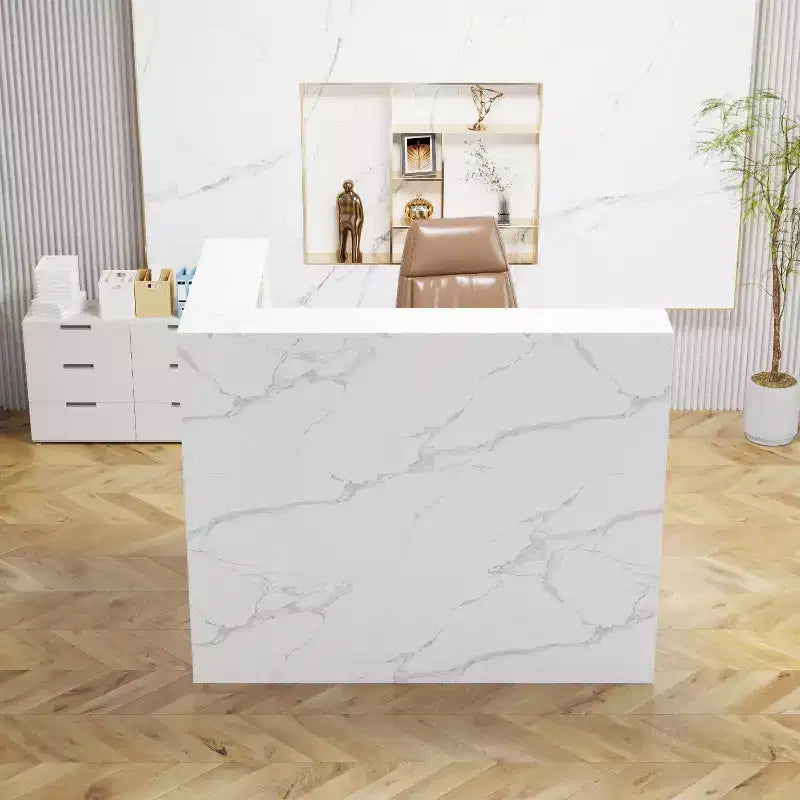 Mostrador de recepción moderno en forma de L con estantes extraíbles, almacenamiento con cerradura y gestión de cables