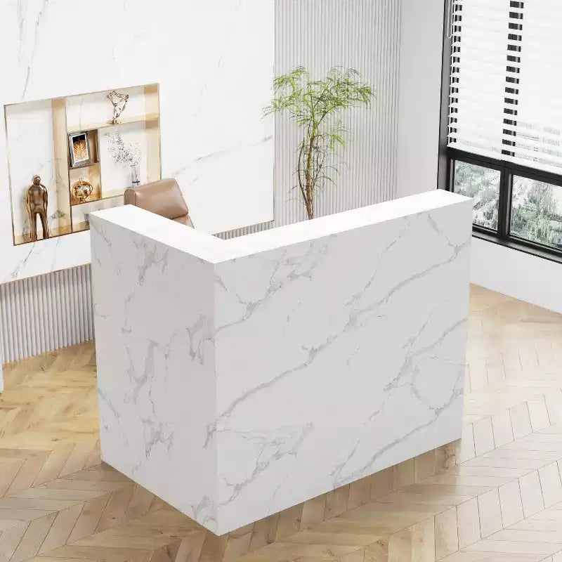 Mostrador de recepción moderno en forma de L con estantes extraíbles, almacenamiento con cerradura y gestión de cables