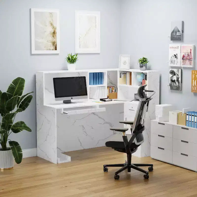 Mostrador de recepción moderno en forma de L con estantes extraíbles, almacenamiento con cerradura y gestión de cables