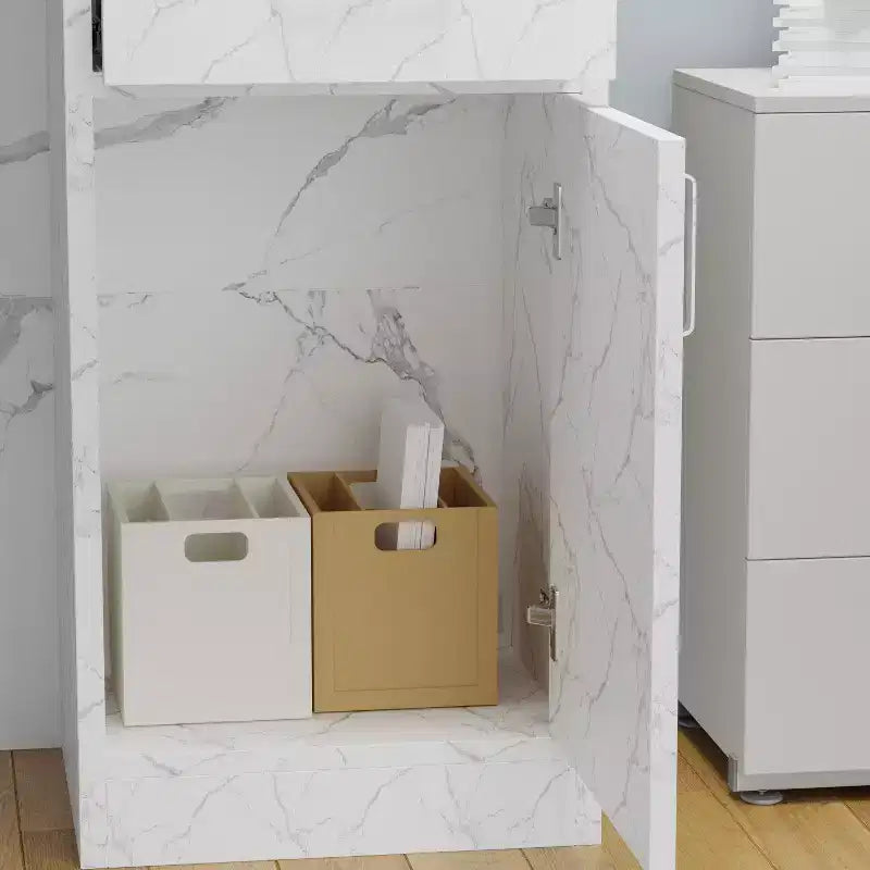 Mostrador de recepción moderno en forma de L con estantes extraíbles, almacenamiento con cerradura y gestión de cables