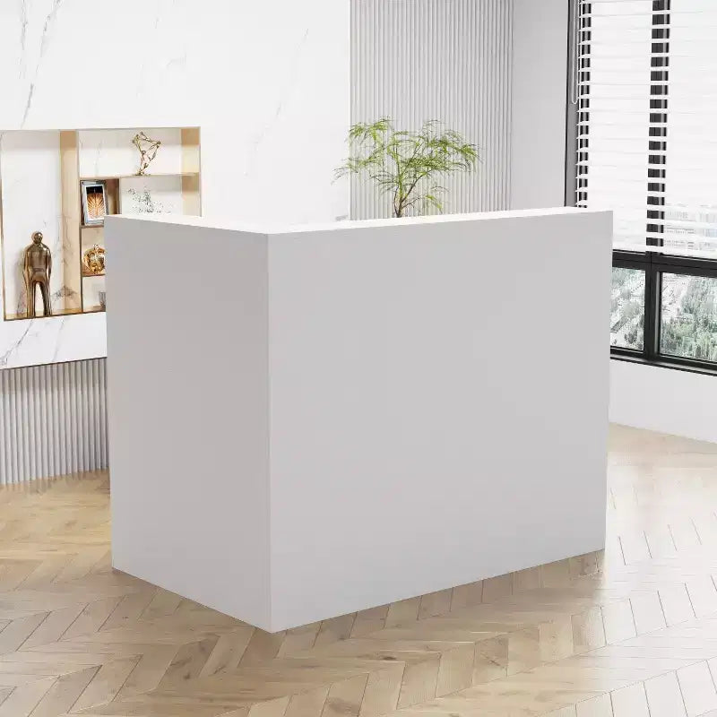 Mostrador de recepción moderno en forma de L con estantes extraíbles, almacenamiento con cerradura y gestión de cables