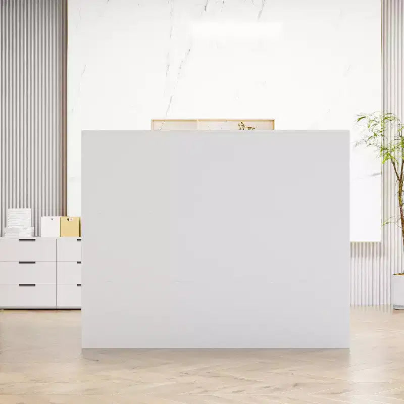 Mostrador de recepción moderno en forma de L con estantes extraíbles, almacenamiento con cerradura y gestión de cables