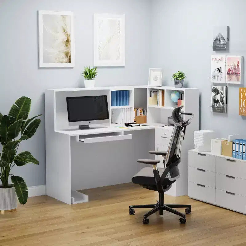 Mostrador de recepción moderno en forma de L con estantes extraíbles, almacenamiento con cerradura y gestión de cables