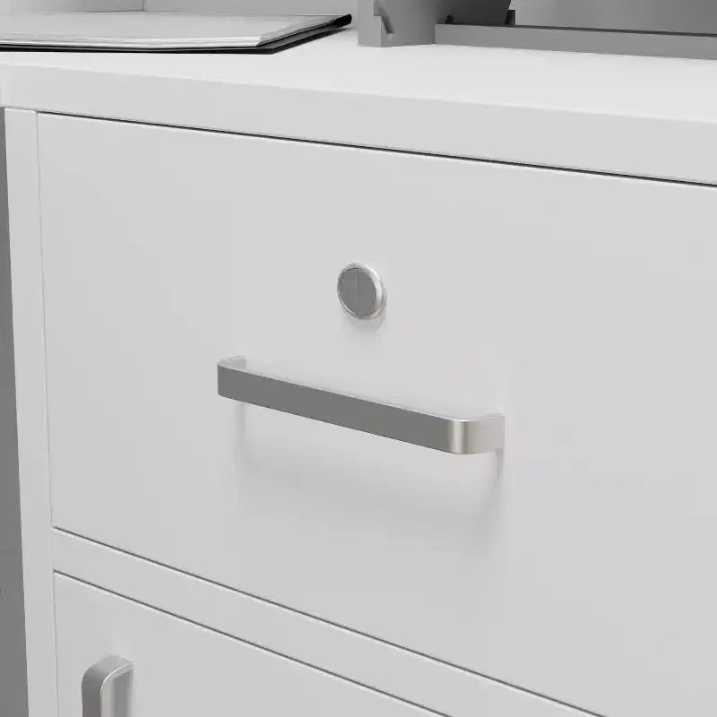 Mostrador de recepción moderno en forma de L con estantes extraíbles, almacenamiento con cerradura y gestión de cables