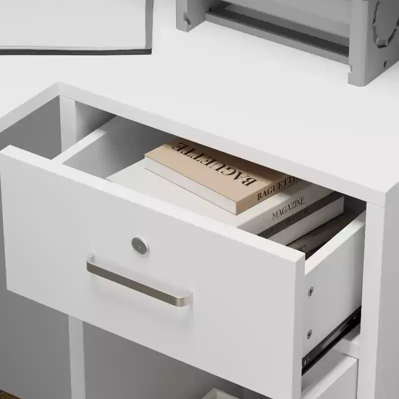 Mostrador de recepción moderno en forma de L con estantes extraíbles, almacenamiento con cerradura y gestión de cables