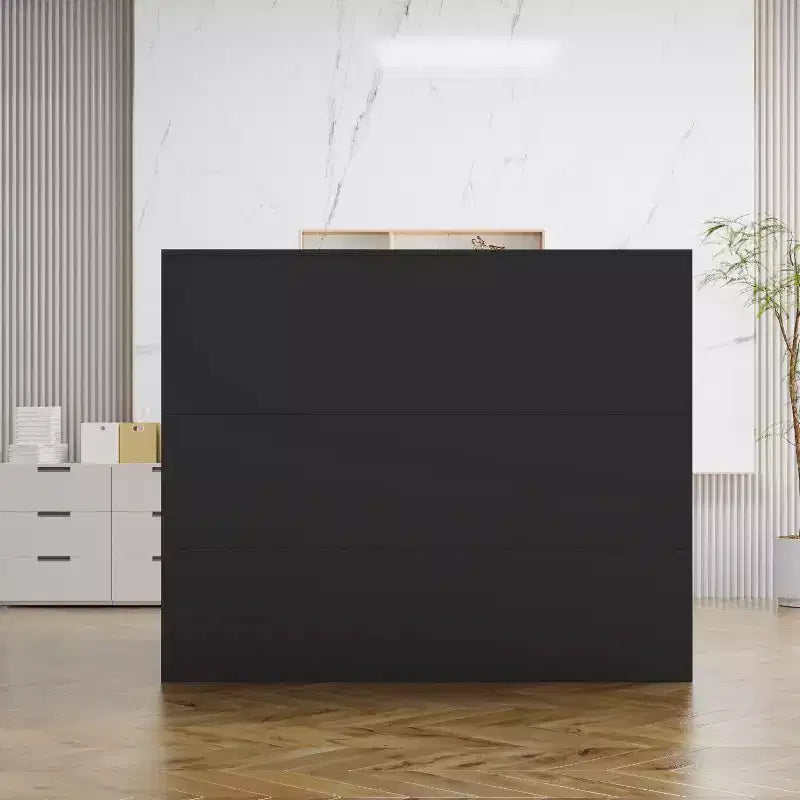 Mostrador de recepción moderno en forma de L con estantes extraíbles, almacenamiento con cerradura y gestión de cables