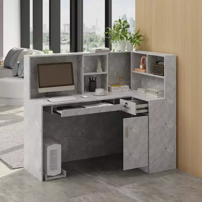 Mostrador de recepción moderno en forma de L con estantes extraíbles, almacenamiento con cerradura y gestión de cables