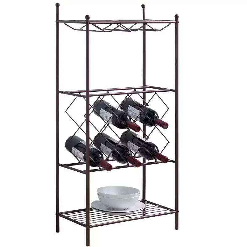 Botellero de metal independiente – Bronce, 8 botellas, soporte para copas y 2 estantes de almacenamiento