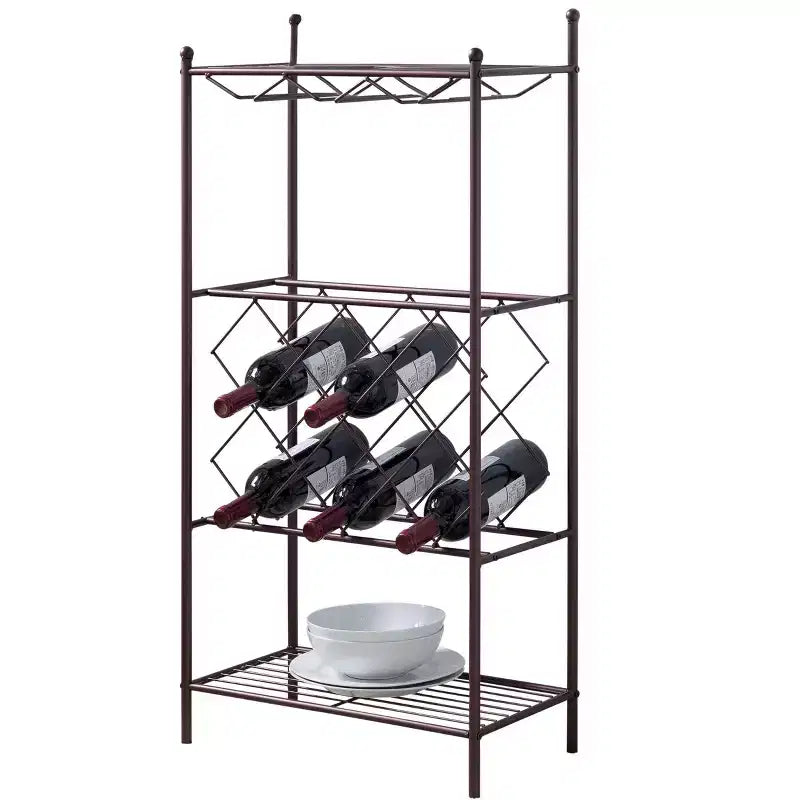 Botellero de metal independiente – Bronce, 8 botellas, soporte para copas y 2 estantes de almacenamiento