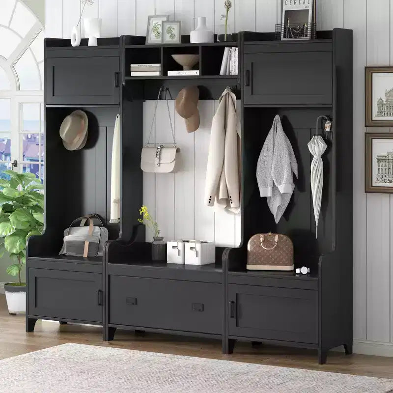 Moderno perchero de entrada con 7 ganchos, 4 puertas y banco de almacenamiento – Madera, 78.7x15x72 pulg.