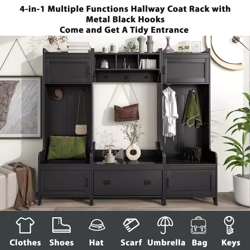 Moderno perchero de entrada con 7 ganchos, 4 puertas y banco de almacenamiento – Madera, 78.7x15x72 pulg.