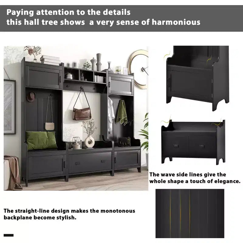Moderno perchero de entrada con 7 ganchos, 4 puertas y banco de almacenamiento – Madera, 78.7x15x72 pulg.