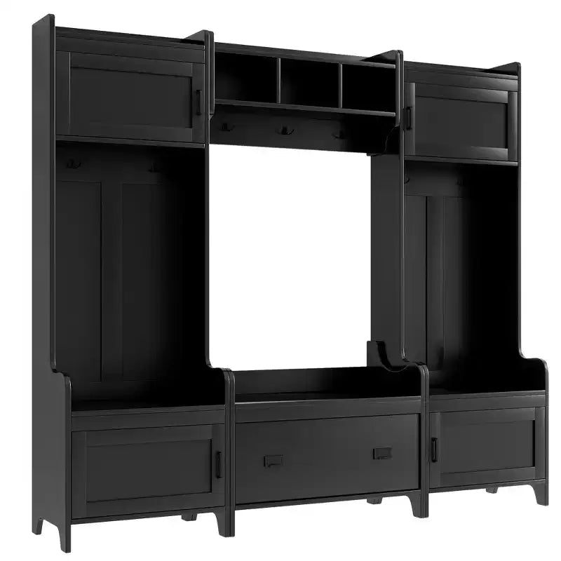 Moderno perchero de entrada con 7 ganchos, 4 puertas y banco de almacenamiento – Madera, 78.7x15x72 pulg.