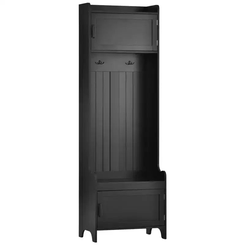 Moderno perchero de entrada con 7 ganchos, 4 puertas y banco de almacenamiento – Madera, 78.7x15x72 pulg.