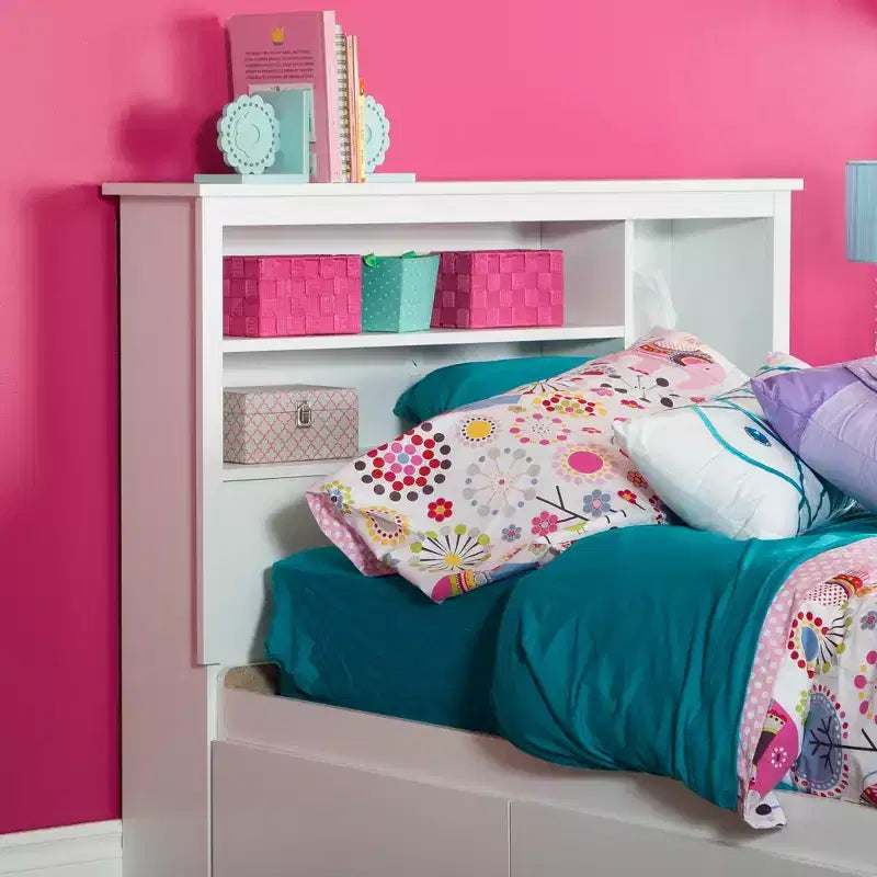 Cabecero con estantería individual para niños – Madera, almacenamiento abierto, montado en la estructura de la cama