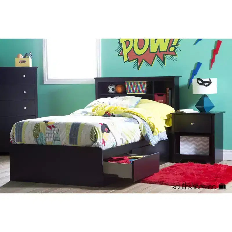 Cabecero con estantería individual para niños – Madera, almacenamiento abierto, montado en la estructura de la cama