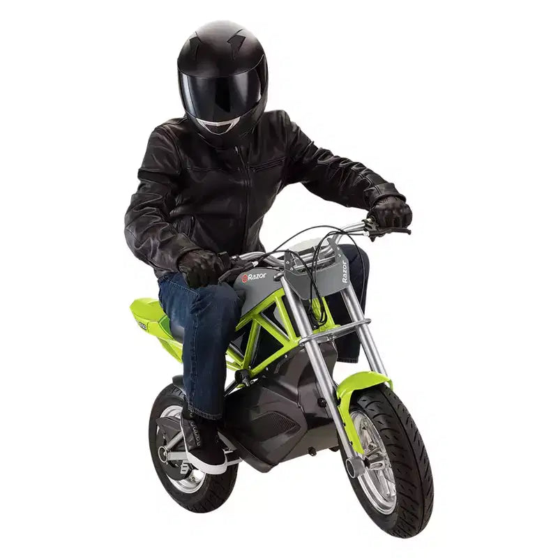 Bicicleta eléctrica Razor RSF650 con neumáticos, motor accionado por cadena y compartimento oculto. Soporta 220 libras y alcanza velocidades de 17 millas por hora.