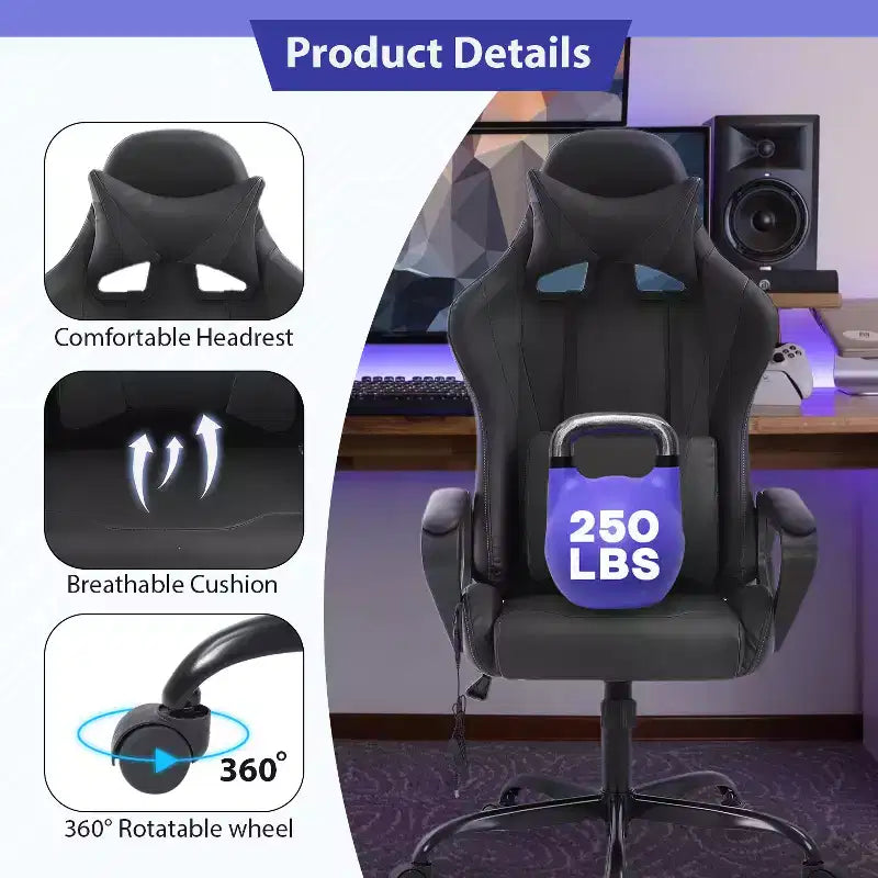 Silla de oficina cómoda y elegante FDW Gaming Chiar con masaje, soporte lumbar ajustable, giro de 360 grados y ruedas de deslizamiento suave