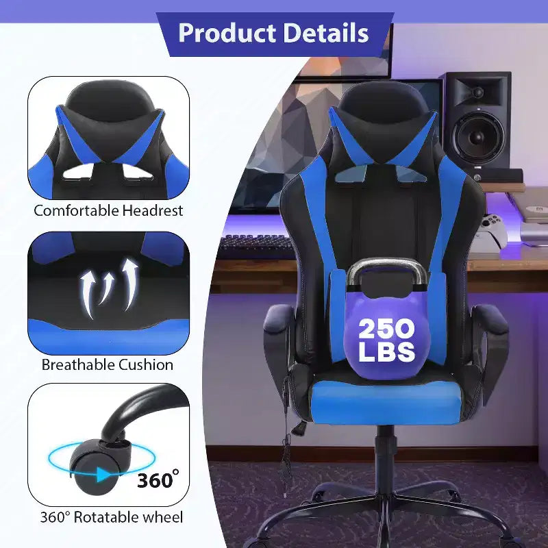 Silla de oficina cómoda y elegante FDW Gaming Chiar con masaje, soporte lumbar ajustable, giro de 360 grados y ruedas de deslizamiento suave