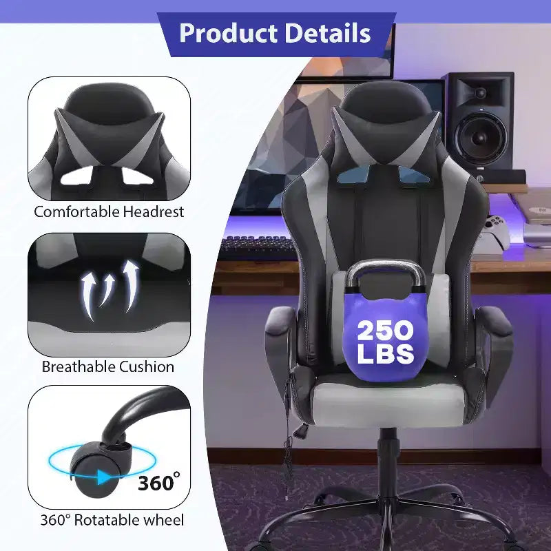 Silla de oficina cómoda y elegante FDW Gaming Chiar con masaje, soporte lumbar ajustable, giro de 360 grados y ruedas de deslizamiento suave