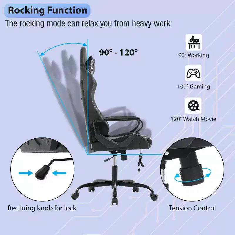 Silla de oficina cómoda y elegante FDW Gaming Chiar con masaje, soporte lumbar ajustable, giro de 360 grados y ruedas de deslizamiento suave
