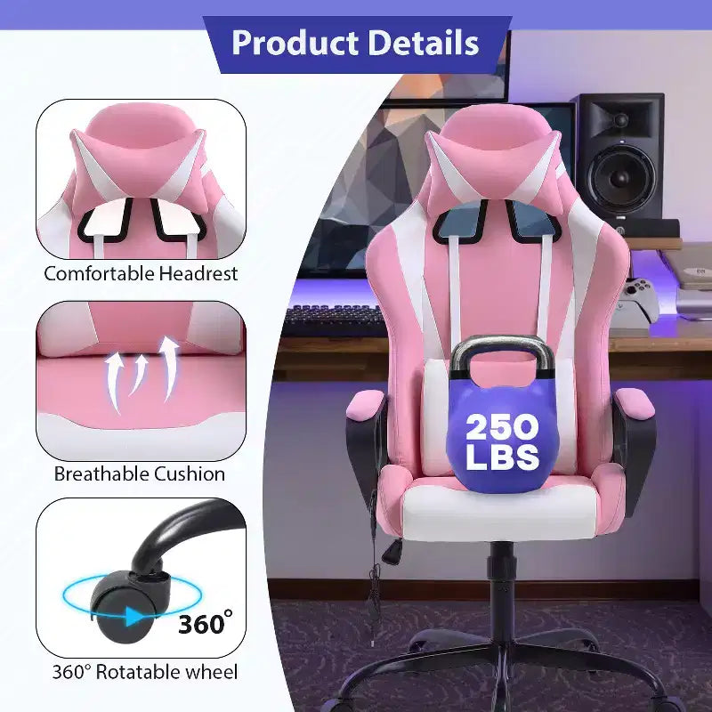 Silla de oficina cómoda y elegante FDW Gaming Chiar con masaje, soporte lumbar ajustable, giro de 360 grados y ruedas de deslizamiento suave