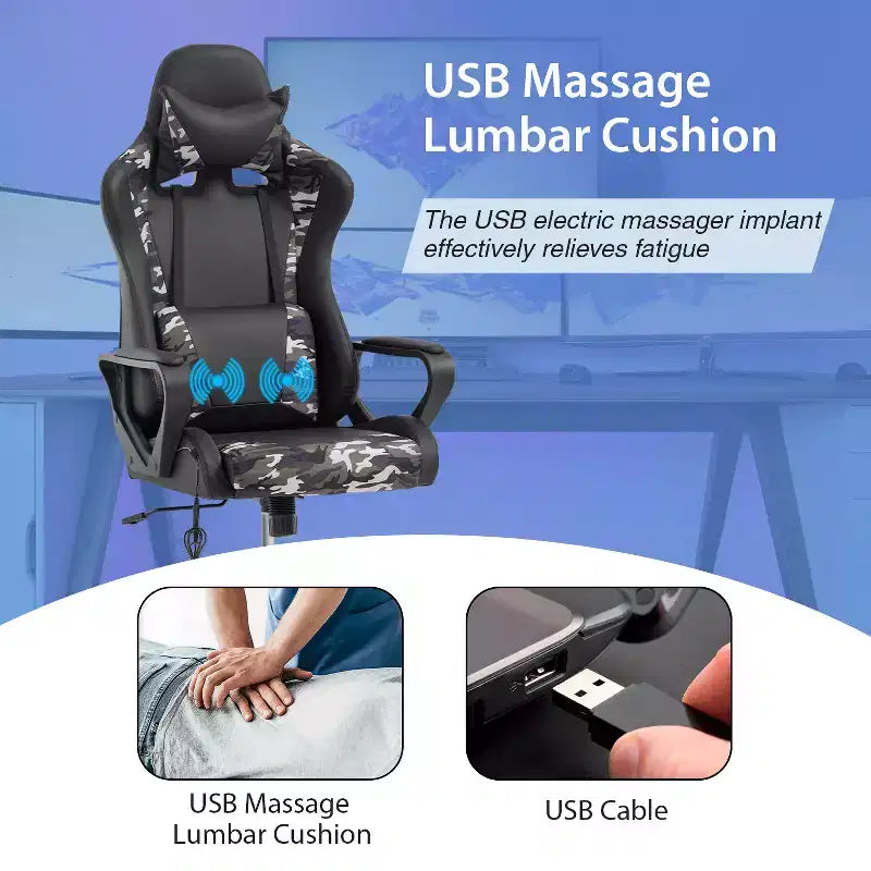 Silla de oficina cómoda y elegante FDW Gaming Chiar con masaje, soporte lumbar ajustable, giro de 360 grados y ruedas de deslizamiento suave