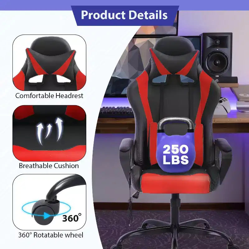 Silla de oficina cómoda y elegante FDW Gaming Chiar con masaje, soporte lumbar ajustable, giro de 360 grados y ruedas de deslizamiento suave
