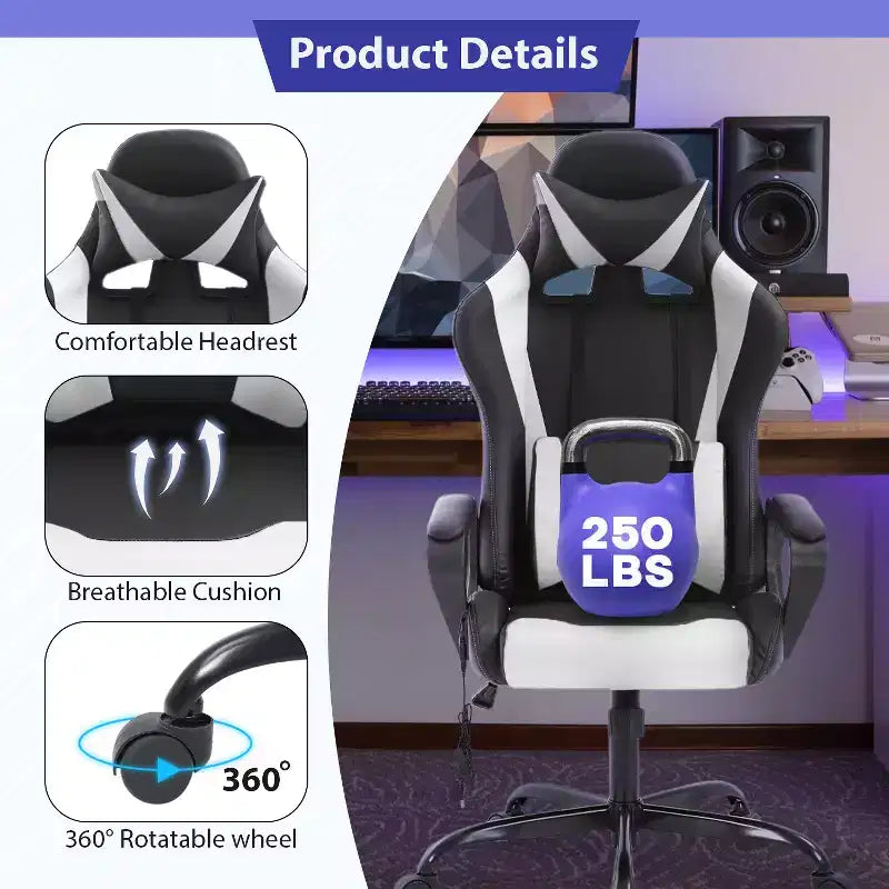 Silla de oficina cómoda y elegante FDW Gaming Chiar con masaje, soporte lumbar ajustable, giro de 360 grados y ruedas de deslizamiento suave