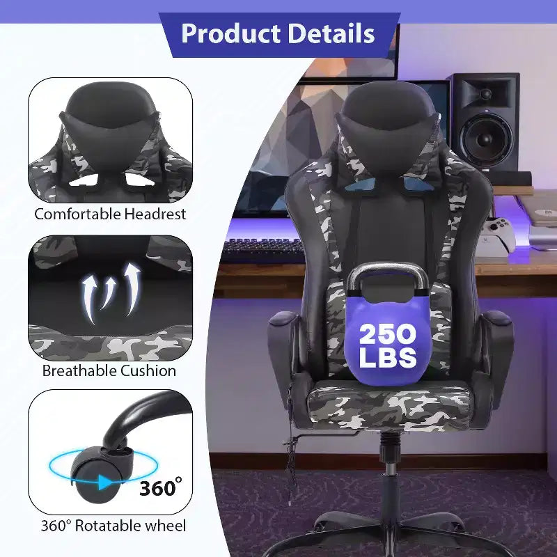 Silla de oficina cómoda y elegante FDW Gaming Chiar con masaje, soporte lumbar ajustable, giro de 360 grados y ruedas de deslizamiento suave