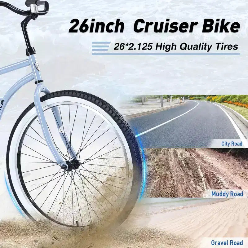 Bicicleta de una sola velocidad de acero 26 pulgadas, cuadro de acero, ruedas anchas para mayor estabilidad, freno de pedal trasero, varios colores, bicicleta playera para hombres y mujeres