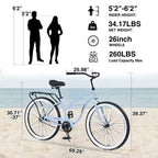 Bicicleta de una sola velocidad de acero 26 pulgadas, cuadro de acero, ruedas anchas para mayor estabilidad, freno de pedal trasero, varios colores, bicicleta playera para hombres y mujeres