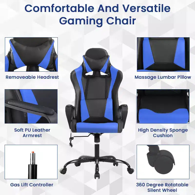 Silla BestMassage Gaming de oficina con respaldo alto y función de masaje con soporte lumbar, de piel sintética, giratoria con ruedas, para adultos y adolescentes
