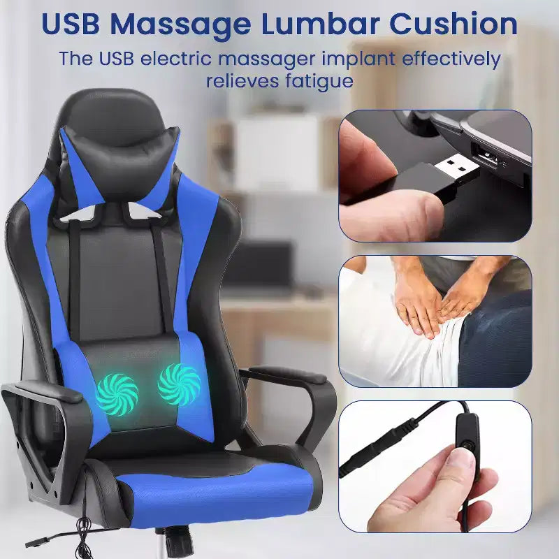 Silla BestMassage Gaming de oficina con respaldo alto y función de masaje con soporte lumbar, de piel sintética, giratoria con ruedas, para adultos y adolescentes