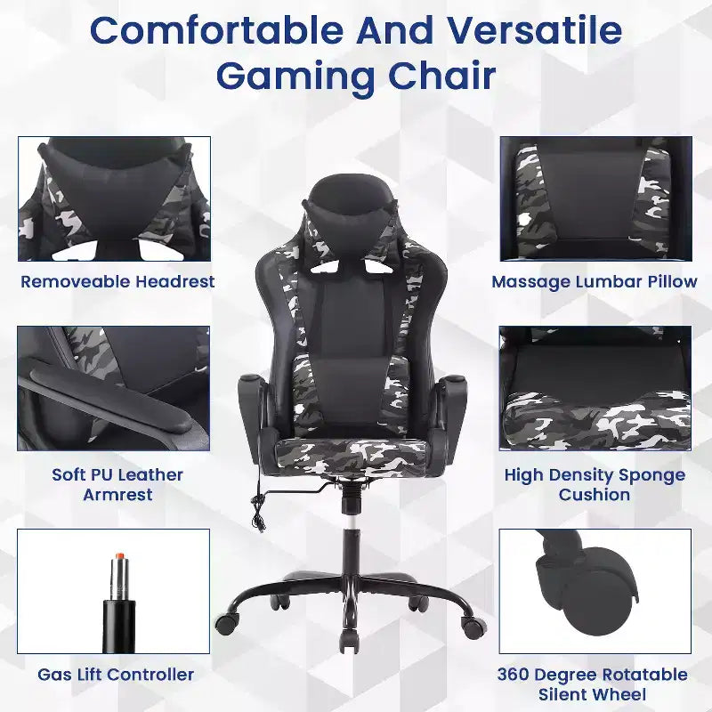 Silla BestMassage Gaming de oficina con respaldo alto y función de masaje con soporte lumbar, de piel sintética, giratoria con ruedas, para adultos y adolescentes