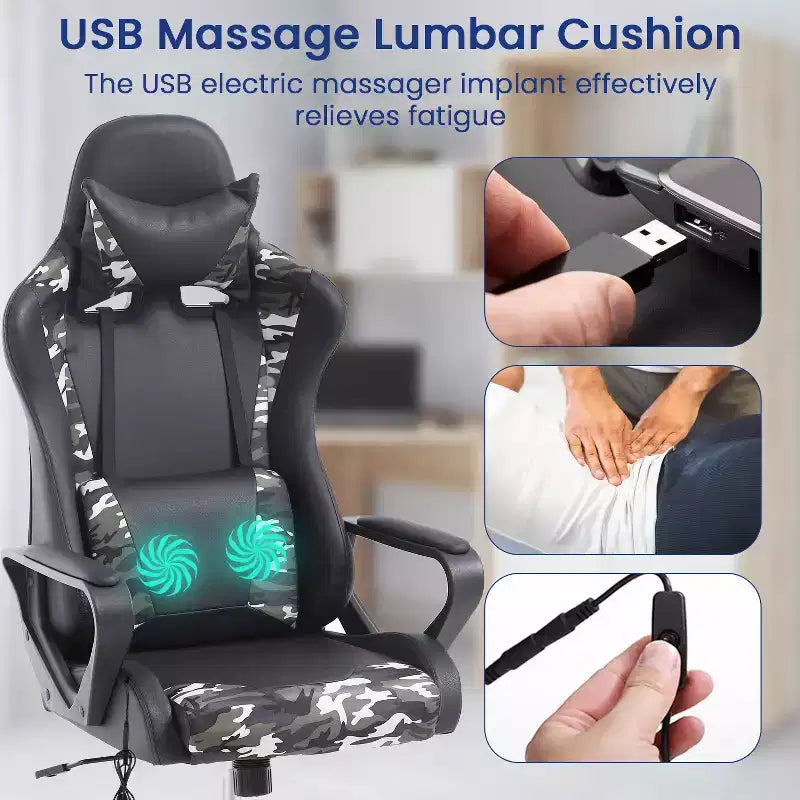 Silla BestMassage Gaming de oficina con respaldo alto y función de masaje con soporte lumbar, de piel sintética, giratoria con ruedas, para adultos y adolescentes